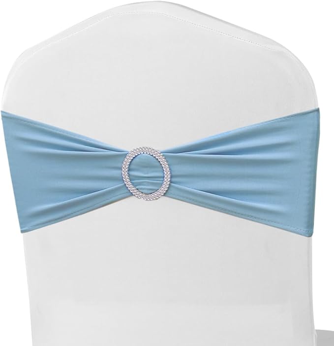 50 Pack Baby Blue Chair Sashes, Blue Spandex Chair Bands for Wedding Gender Reveal Party Decor, Baby Blue Bows for Folding Chairs