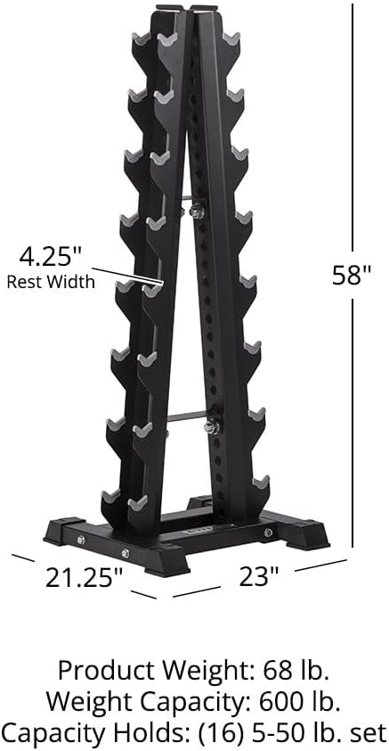 Titan Fitness 8 Pair Vertical Dumbbell Rack, A-Frame Configuration, Fits 16 Dumbbells Up to 50 LB Each, Protective Bumper Cradles, 600 LB Total Capacity, Home Gym Accessories