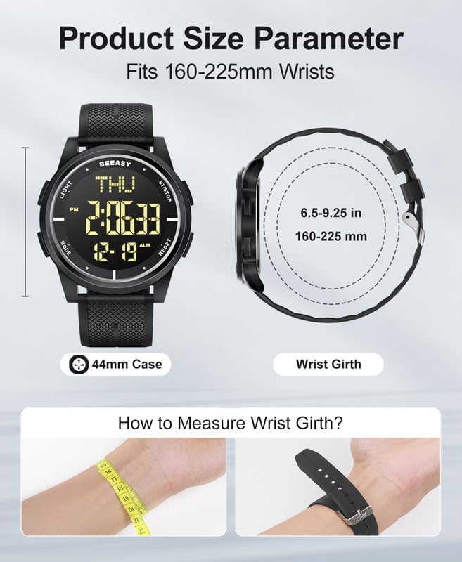Beeasy Digital Watch for Men Women, 50M Waterproof, Ultra-Thin & Lightweight, 44mm Silicone Sports Watch with Alarm, Stopwatch, Countdown, Ideal for Gym, Running, School, Daily Wear