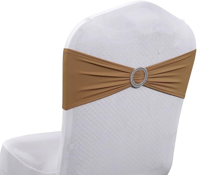 MDS Pack of 125 Spandex Chair Sashes Bows Universal fits Elastic Stretch Chair Bands Ties with Buckle Slider Bow for Wedding Decoration Spandex Slider Sashes Bow - Mocha