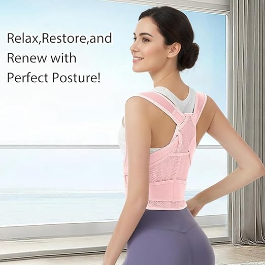 Posture Corrector for Women and Men, Full Back Brace with Breathable Mesh, Shoulder Straightener for Back & Neck Pain Relief, Spine Alignment & Hunchback Support(Pink M)