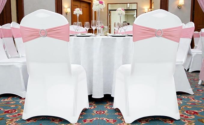 MDS Pack of 100 Spandex Chair Sashes Bow Premium Stretch Chair Cover Band with Buckle Slider Universal fits Elastic Dining Chair Ties for Wedding Party Banquet Events Decoration - Dusty Rose