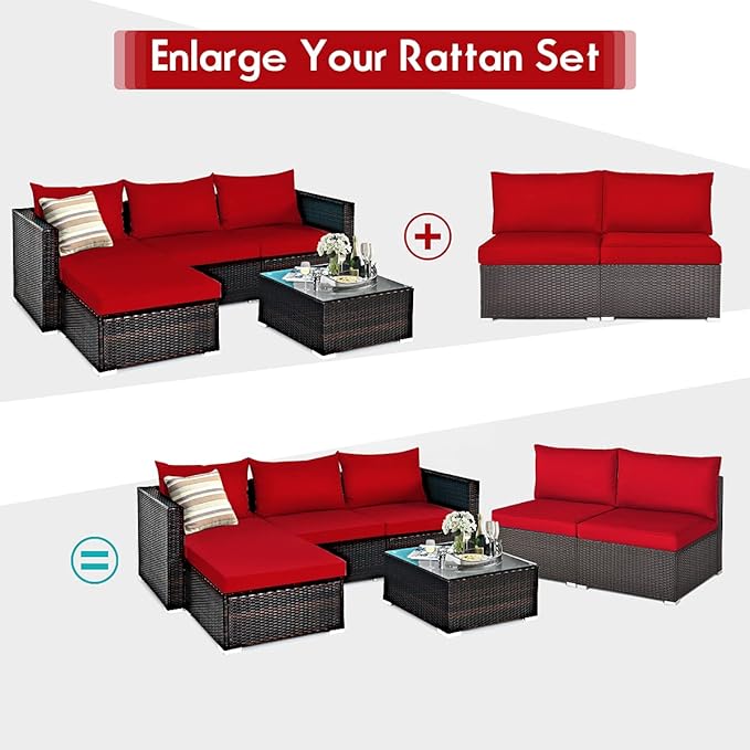 COSTWAY 2PCS PE Rattan Armless Sofa, Wicker Patio Conversation Set Chairs with Soft Cushion, Outdoor Sectional Furniture for Yard, Poolside (Red)