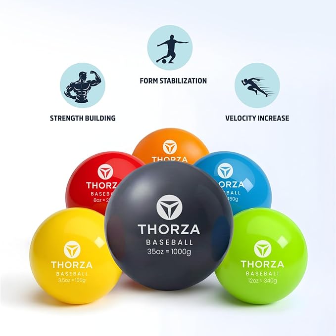 Thorza Weighted Training Balls (6-Pack) – Plyometric Throwing Set for Pitching Velocity & Arm Strength | Color-Coded Overload & Underload for Baseball Training