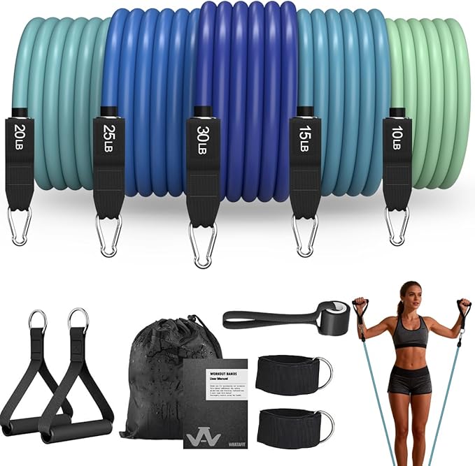 WHATAFIT Resistance Bands Set with Handles - Exercise Bands Home Gym Strength Training Equipment, Includes Door Anchor & Ankle Straps for Full Body Workout Bands, Physical Therapy