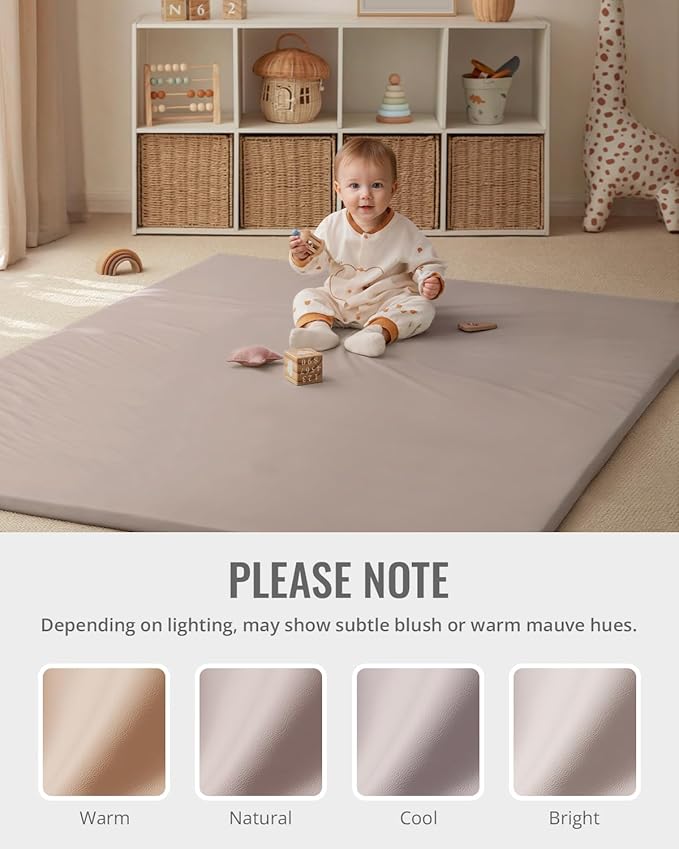 Blissful Diary Vegan Leather Baby Play Mat, 71x59 Thicken Foam Cushioned & Waterproof Playpen Mat for Infants and Toddlers, Stylish and Just Wipe-Clean Playmat for Baby Play on Floor, Taupe