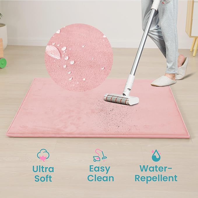 Huloo Sleep Baby Play Mat for Floor,1.3" Thick Elasti-Foam 50"×50" Playpen Mat for Tummy Time,Water Repellent Soft Coral Velvet for Toddler,Infant,Kids,Non-Slip Backing Safe for Crawling(Pink)