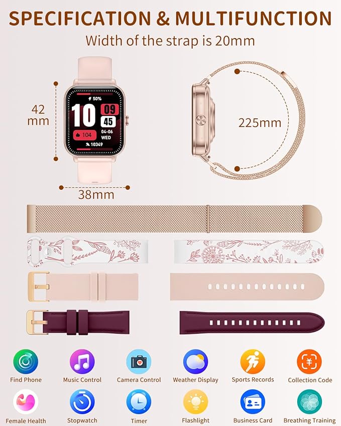 Smart Watches for Women(Android/iPhone) 20-Day Battery 4 Straps 1.85" HD Fitness Trackers with Bluetooth Calls/Notifications Smart Watch Step Sleep Heart Rate SpO2 Monitor 100+ Sports Modes, Rose Gold