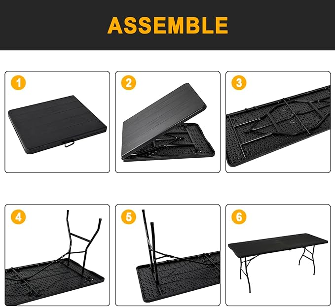 2-PCS 70.8" W X 29" D X 29" H - 6 ft Black Folding Table Heavy Duty Portable, Plastic Folding Utility Folding Table for Camping, Picnics & Parties