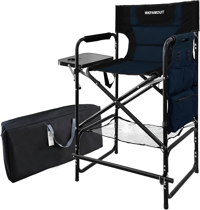 Tall Folding Directors Chair with Side Table 30.71" Seat Height Foldable Camping Chair Bar Stool for Makeup Artist Face Painting with Footrest and Storage Pocket Supports 350LBS