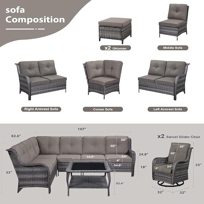 HUMMUH 9 Piece Patio Furniture PE Wikcer Outdoor Furniture Set with Sectional Sofa Swivel Patio Chairs Ottomans and Glass Coffee Table for Yard,Garden,Lawn