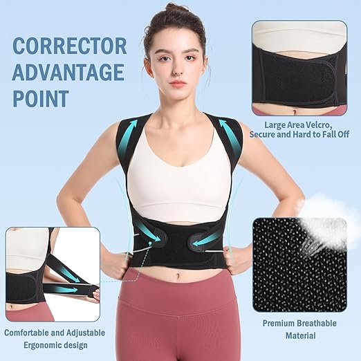 Posture Corrector,Suitable for Men and Women Upper and Lower Back Pain Relief - Scoliosis, Hunchback, Eicgo Adjustable Posture Corrector belt,Comfortable and Breathable Back Straightener (Black, Medium)
