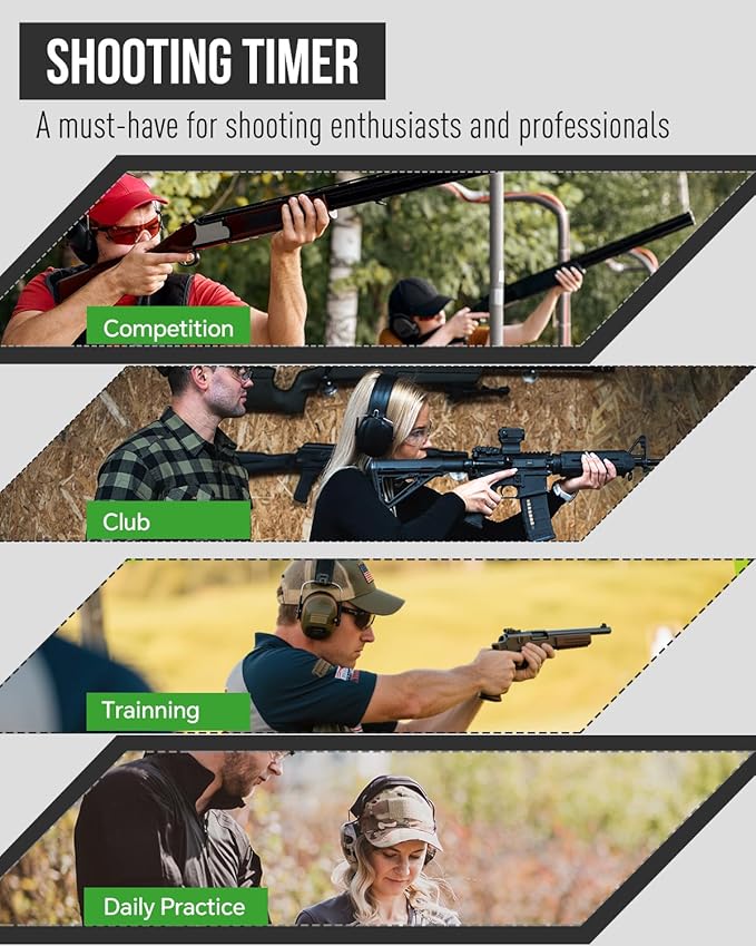 Professional Shot Timer for Shooting Competition, 0.01s Precision Tactical Training Shot Timers with Loud Buzzer, Enhanced Detection & Long Battery Life & 4 Modes Green