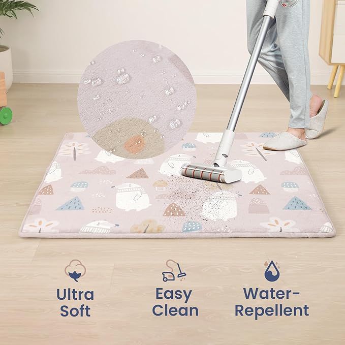 Baby Play Mat for Floor,1.3" Thick Cushioned Playpen Mat 50"x50",Extra Soft Elasti-Foam,Water Repellent Coral Velvet,Non-Slip for Crawling&Tummy Time,Infant Toddler Kids Nursery Rug(Polar Bear)