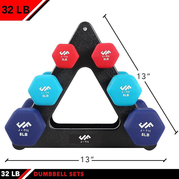 JFIT Dumbbell Pairs or Sets – Neoprene & Vinyl Coated Hand Weights for Home Gym, Strength Training, Aerobics, Cardio Exercise and Fitness