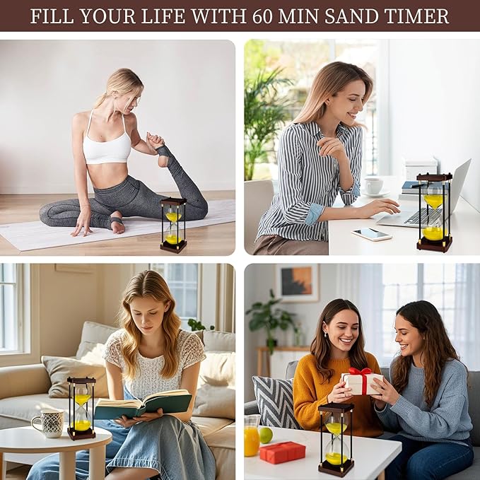 Large Sand Hourglass Timer, Vintage Wooden Sand Timer 60 Minutes, Glass Sand Clock Minutes with Wooden End Caps, Sand Timers for Games Classroom Home Office Kitchen Use (Yellow Sand)