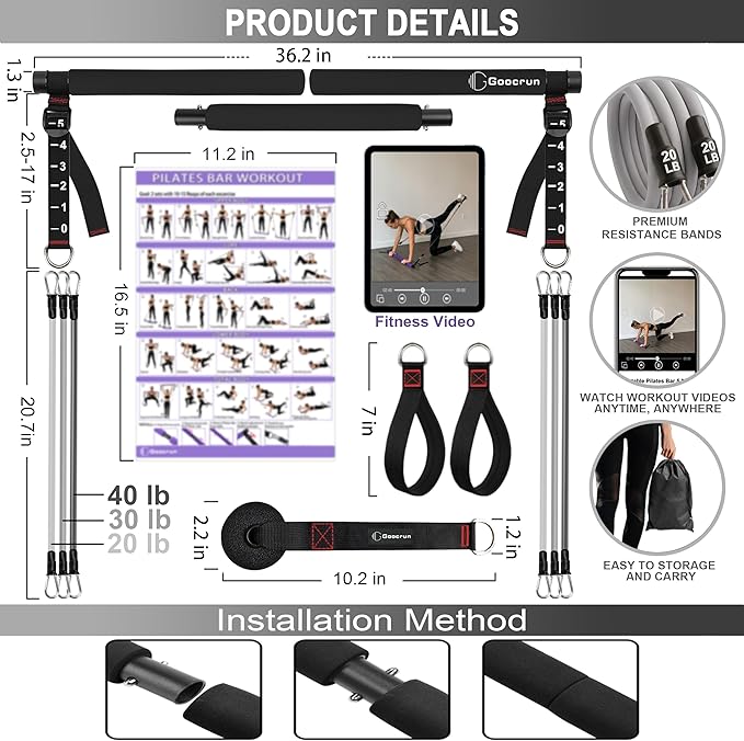 Goocrun Portable Pilates Bar Kit with Resistance Bands for Men and Women - 3 Set Exercise Resistance Bands - Multifunctional Home Gym - Supports Full-Body Workouts – with Fitness Poster and Video