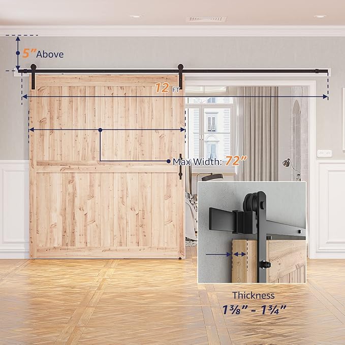 SMARTSTANDARD 12 FT Heavy Duty Sturdy Sliding Barn Door Hardware Kit, Black, (Whole Set Includes 1x Pull Handle Set & 1x Floor Guide) Fit 72" Wide Door Panel (I Shape Hanger)