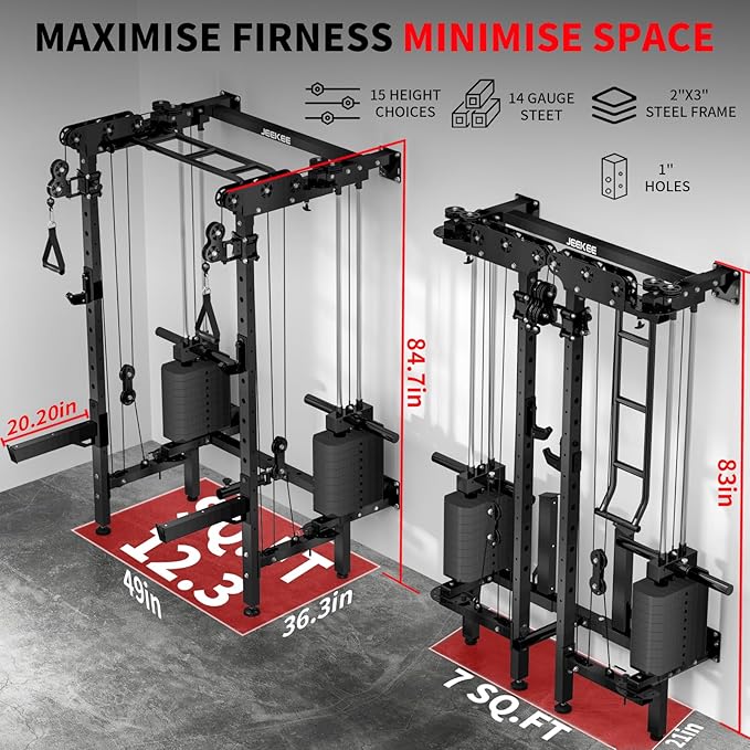 JEEKEE Folding Wall Mounted Power Rack with 180LB Weight Stack, 2400LB 2×3 Heavy Duty Squat Rack, Dual Cable Crossover System 1:1 Ratio, Functional Trainer for Home Gym Small Space,Black