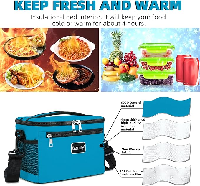 BEIMILY Lunch Box for Men/Women,Small Insulated Lunch Bag,Reusable LunchBox for work Picnic Beach,Leakproof Soft Cooler Tote Bag Organizer with Adjustable Shoulder Strap for Adults (Gray Blue)
