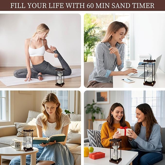 60 Minutes Sand Hourglass Timer, Vintage Sand Clock 60 Minutes, Large White Sander with Wooden End Caps, Hour Glass Sandglass Timer for Games Classroom Kitchen Decorative (White Sand)