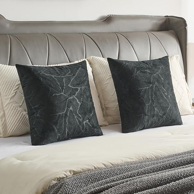 FUTEI Black Velvet Throw Pillow Covers 22x22 Inch Set of 2,Soft Embossed Leaf-Relief Textured Cushion Cases,Natural Home Decor for Couch Living Room