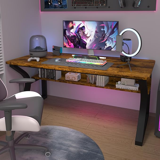 StarGraph Computer Desk 55'' Large Home Office Desk with Sturdy Metal Frame U Shaped Modern Computer Desks with Storage Study Writing Office Work from Home Desks (Rustic Brown, 55 inch)