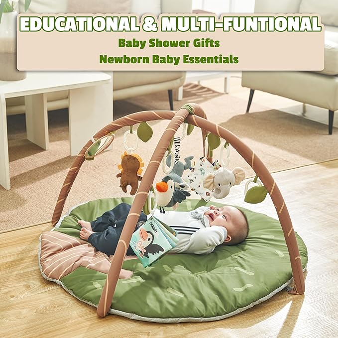 Baby Activity Gym & Play Mat – 8-in-1 Tummy Time Mat with Self-Discovery Mirror & Detachable Sensory Toys – Thick Non-Slip Washable Baby Play Gym for Infants Newborn 0 3 6 12 Months