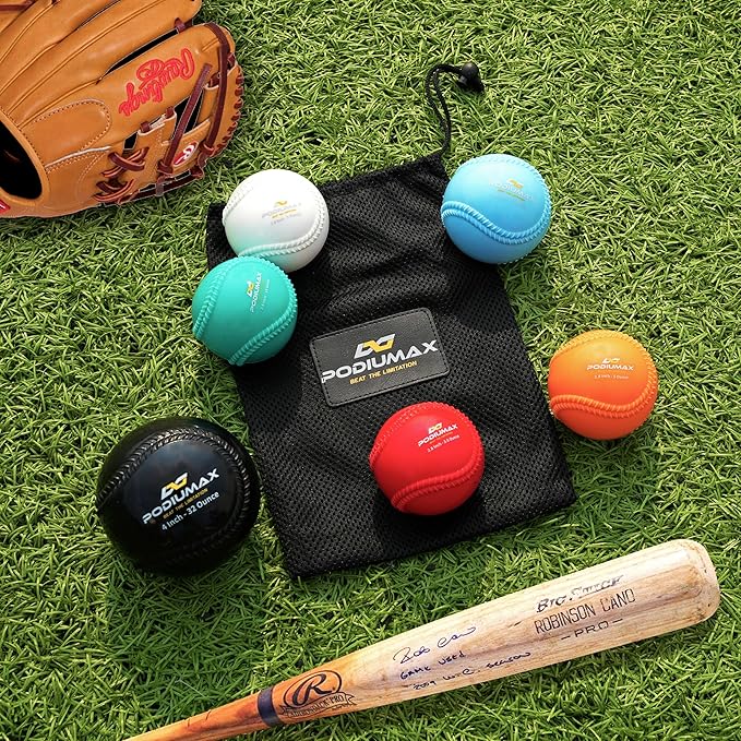 PodiuMax Plyometric Weighted Baseballs 6 Pack, 32 21 14 7 5 & 3.5oz Plyo Balls, Weighted Baseballs for Hitting & Pitching, Softball & Baseball Training