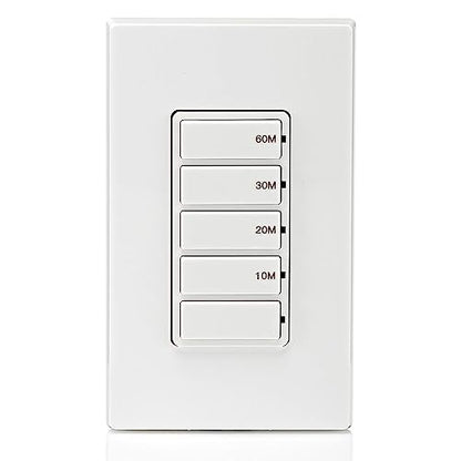 Leviton Countdown Switch for bathroom household lights, 10-20-30-60 min, Neutral Wire Required, 20A, 1HP/16A Fan/Motor, Single Pole, Multi-Way or Multi-Timer, DT260-1LW, White