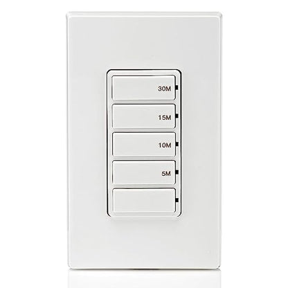 Leviton Countdown Switch for bathroom household lights, 5-10-15-30 min, Neutral Wire Required, 20A, 1HP/16A Fan/Motor, Single Pole, Multi-Way or Multi-Timer, DT230-1LW, White