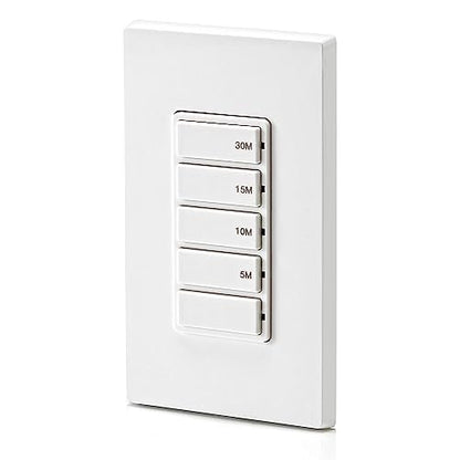 Leviton Countdown Switch for bathroom household lights, 5-10-15-30 min, Neutral Wire Required, 20A, 1HP/16A Fan/Motor, Single Pole, Multi-Way or Multi-Timer, DT230-1LW, White