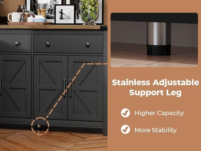 55" Sideboard Buffet Cabinet with Storage, Coffee Bar Cabinet with 2 Drawers and 4 Barn Doors, Long Storage Cabinet Modern Farmhouse, Black Wood, for Kitchen, Dining Room, Living Room