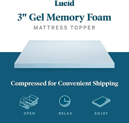 LUCID 3 Inch Gel Memory Foam Mattress Topper California King - Waterproof, Removable Cover, White