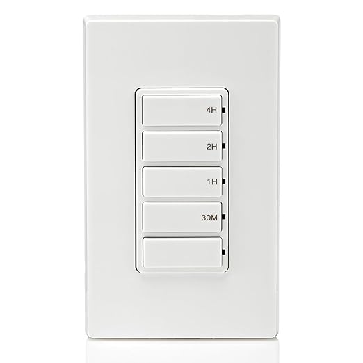 Leviton Countdown Timer Switch for household lights, heaters and exhaust fans, 30 min, 1-2-4 hour, No Neutral Wire Required, Single Pole, 15A, 1/2 HP/9.8A Fan/Motor, DT104-1LW, White
