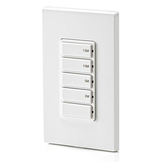 Leviton Countdown Timer Switch for bathroom fan and household lights, 2-5-10-15 min, No Neutral Required, Single Pole, 15A, 1/2 HP/9.8A Fan/Motor, DT115-1LW, White