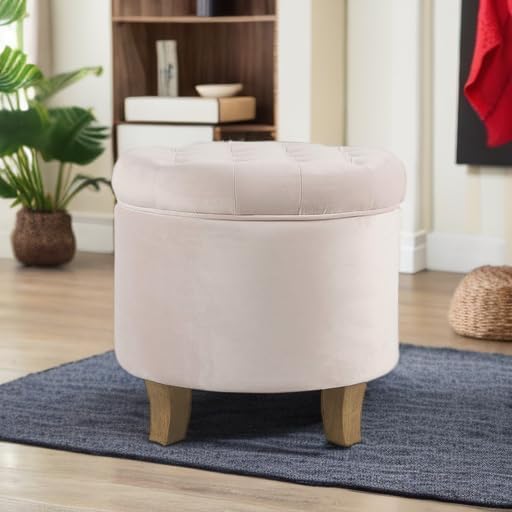Homepop Home Decor | Upholstered Round Velvet Tufted Foot Rest Ottoman | Ottoman with Storage for Living Room & Bedroom | Decorative Home Furniture, Pink Blush Small