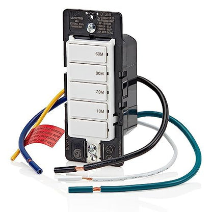 Leviton Countdown Switch for bathroom household lights, 10-20-30-60 min, Neutral Wire Required, 20A, 1HP/16A Fan/Motor, Single Pole, Multi-Way or Multi-Timer, DT260-1LW, White
