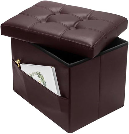 Storage Ottoman Foot Rest Stool, Small Leather Storage Ottomans Bench, Folding Footstool with Side Pockets, Foot Rest Under Desk for Living Room Bedroom, 16x12x12 in, Brown