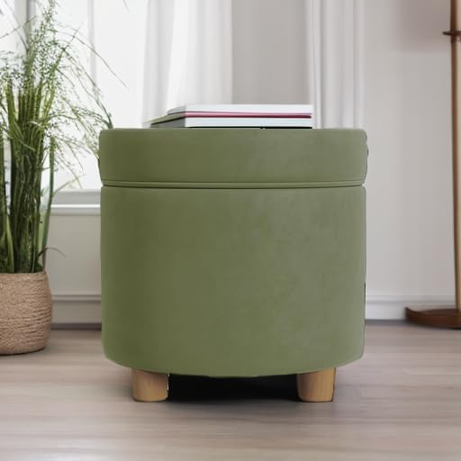 HomePop Home Decor | Upholstered Round Storage Ottoman | Ottoman with Storage for Living Room & Bedroom, Light Sage Green Velvet Large