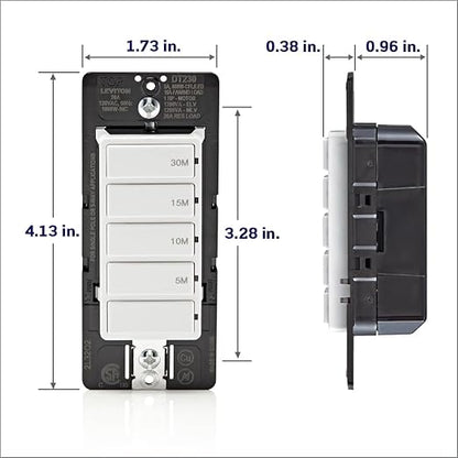 Leviton Countdown Switch for bathroom household lights, 5-10-15-30 min, Neutral Wire Required, 20A, 1HP/16A Fan/Motor, Single Pole, Multi-Way or Multi-Timer, DT230-1LW, White