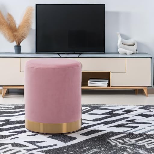 DAGONHIL Modern Round Pink Velvet Ottoman,Upholstered Floor Stools with Gold Plating Base,Accent Makeup Stool for Living Room,Bedroom and Kids Room,Pack of 1(Pink)