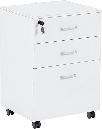 QDSSDECO 3 Drawer Mobile File Cabinet, Rolling Vertical Filing Cabinet fits A4, Legal Paper and Letter Paper for Home Office, White with Lock