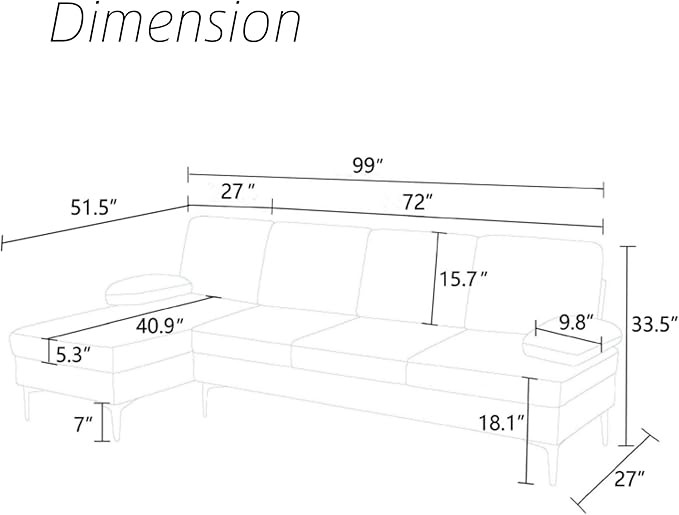 L Shape Sofa with Chaise, 4 Seat Living Room Sofa Set with Golden Wooden Leg, Sectional Couch with Fluffy Fabric, for Living Room, Apartment, Off-White