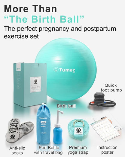Tumaz Birth Ball - Birthing Ball for Pregnancy & Labor - Including Birthing Ball/Peri Bottle/Yoga Strap/Non-Slip Socks - Pregnancy Ball for Exercises Set with Quick Foot Pump & Instruction Poster