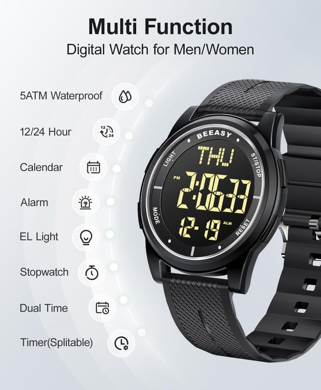 Beeasy Digital Watch for Men Women, 50M Waterproof, Ultra-Thin & Lightweight, 44mm Silicone Sports Watch with Alarm, Stopwatch, Countdown, Ideal for Gym, Running, School, Daily Wear