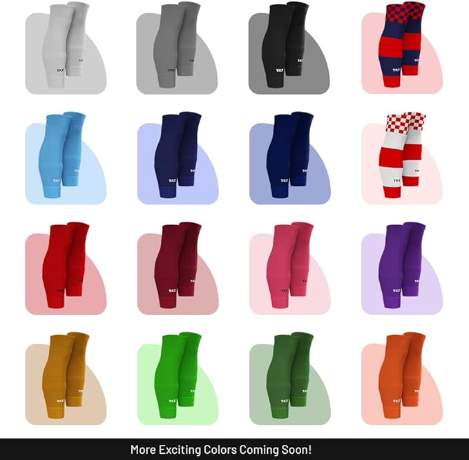 Tekkerz leg sleeve over 20 color variations compatible with grip socks for soccer, football, hockey, rugby athletic socks