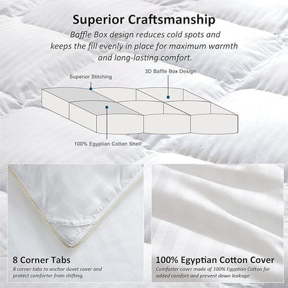 Luxurious All-Season Goose Down Feather Fiber Comforter Duvet Insert, Exquisite Palatial King White Stripe Design, 120" x 98 ", Premium Baffle Box, 100% Cotton Down Proof Fabric, 75 oz. Fill Weight