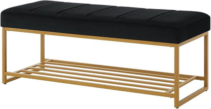 24KF Black Velvet Upholstered End of Bed Bench with Metal Shelf, Modern Tufted Channel Entryway Bench Footboard Bench for Living Room, Bedroom, Gold Bench,5036-Black