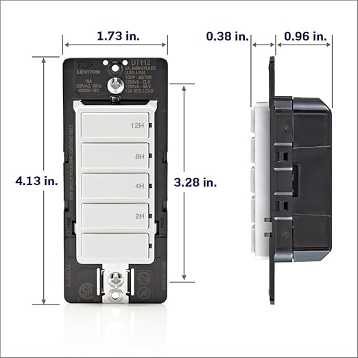 Leviton Countdown Timer Switch for household lights, heaters and exhaust fans, 2-4-8-12 hour, No Neutral Wire Required, Single Pole, 15A, 1/2 HP/9.8A Fan/Motor, DT112-1LW, White